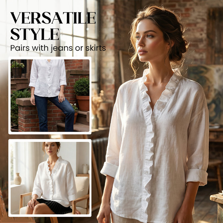 Rennick | Women's Ruffle Neck Long Sleeve Blouse - White - Image 8
