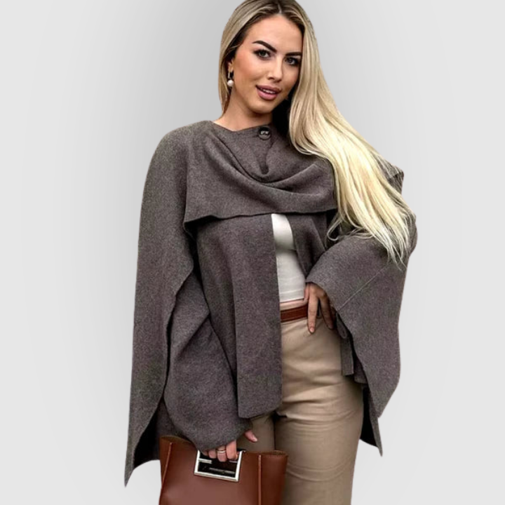 Rhiannon | Women's Cowl Neck Long Sleeve Cape Coat - Grey - Image 2