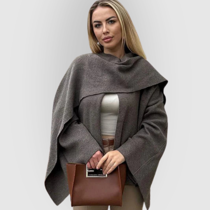Rhiannon | Women's Cowl Neck Long Sleeve Cape Coat - Grey - Image 3