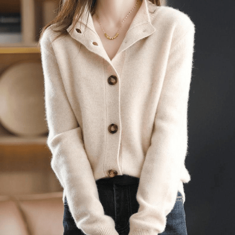 Rhiannon | Women's Mock Neck Button Cardigan - Beige - Image 3