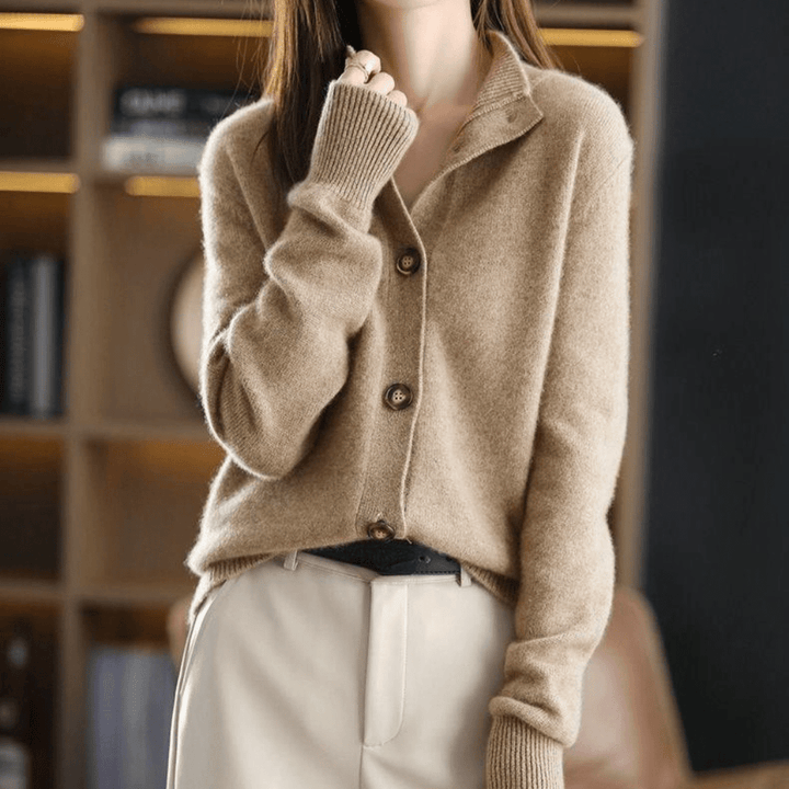 Rhiannon | Women's Mock Neck Button Cardigan - Beige - Image 6