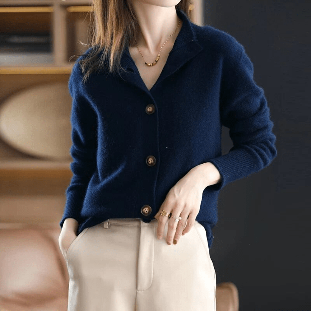 Rhiannon | Women's Mock Neck Button Cardigan - Beige - Image 8