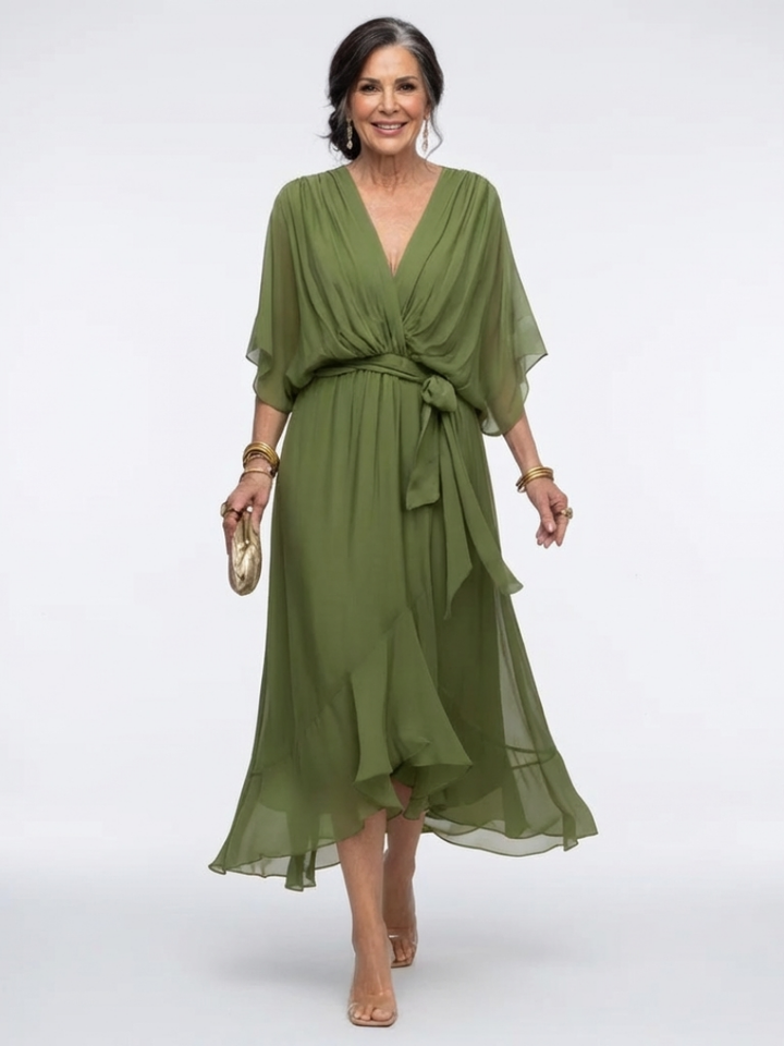 Romilda | Women's Draped Waist Tie Midi Dress - Olive Green - Image 1