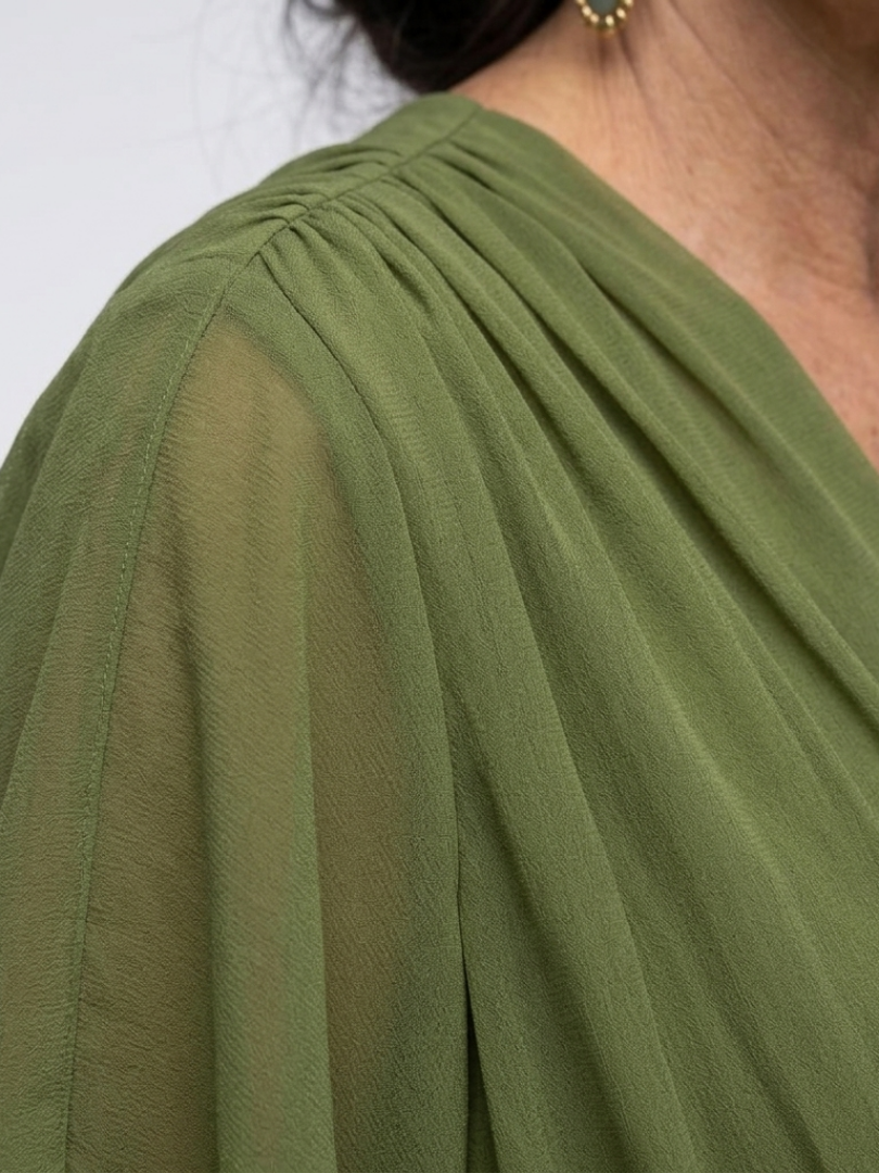 Romilda | Women's Draped Waist Tie Midi Dress - Olive Green - Image 2