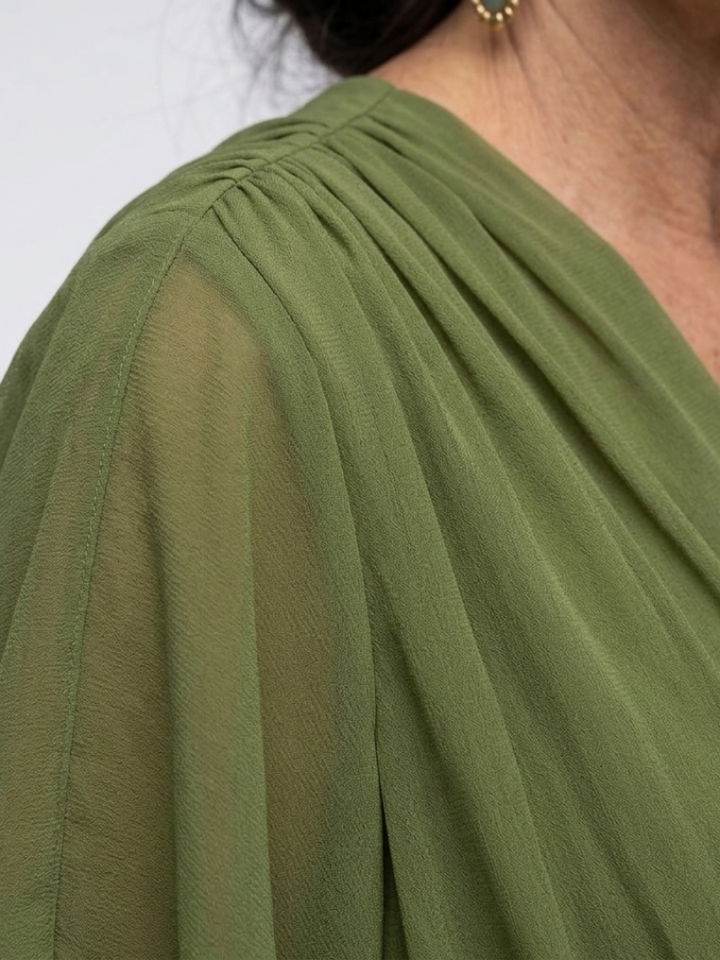 Romilda | Women's Draped Waist Tie Midi Dress - Olive Green - Image 2