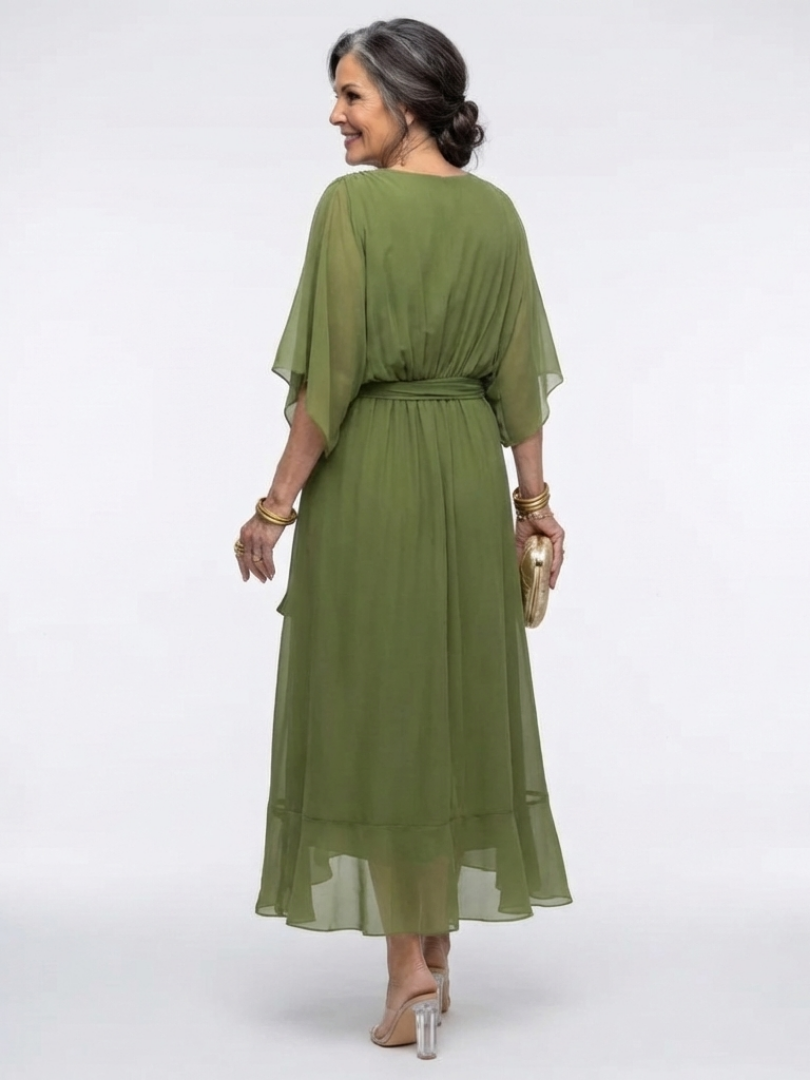 Romilda | Women's Draped Waist Tie Midi Dress - Olive Green - Image 3
