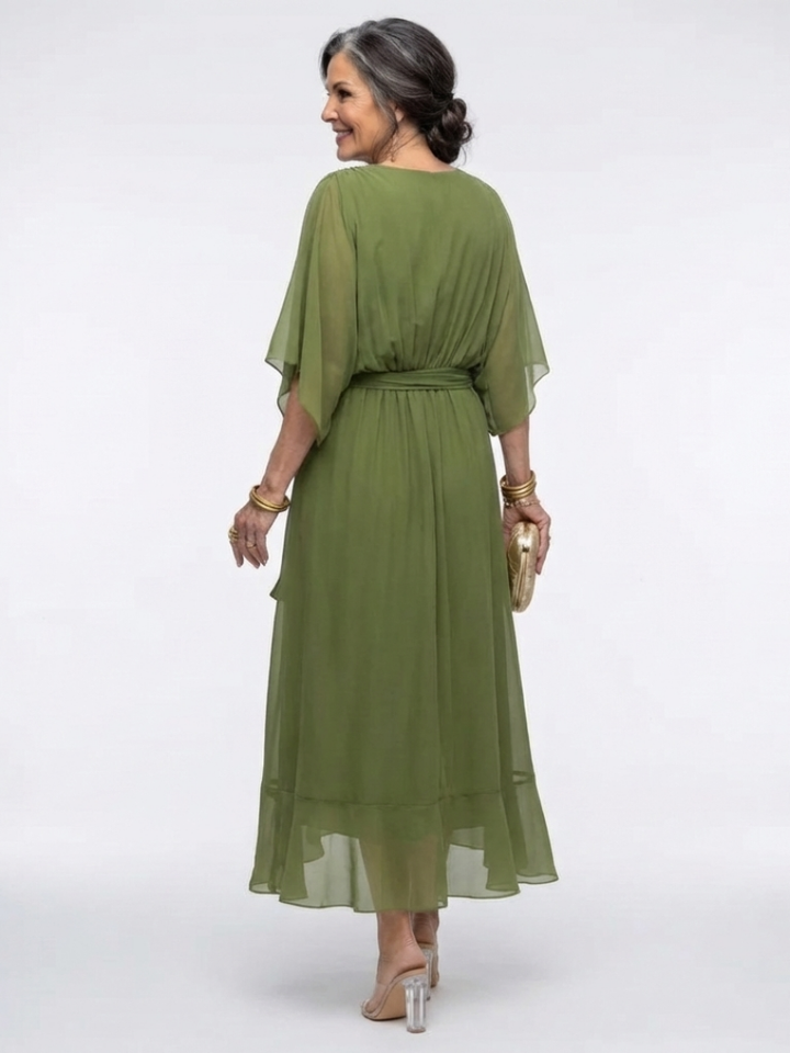 Romilda | Women's Draped Waist Tie Midi Dress - Olive Green - Image 3