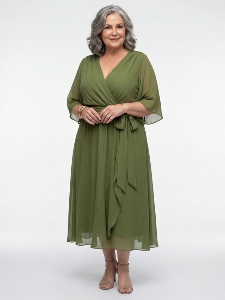 Romilda | Women's Draped Waist Tie Midi Dress - Olive Green - Image 4