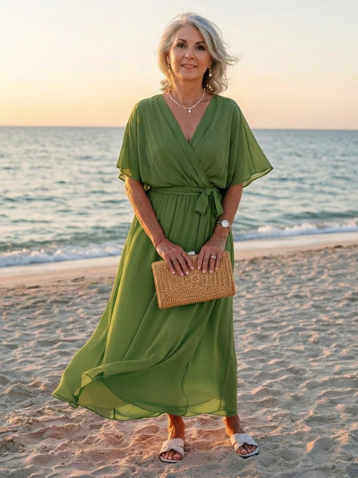 Romilda | Women's Draped Waist Tie Midi Dress - Olive Green - Image 5