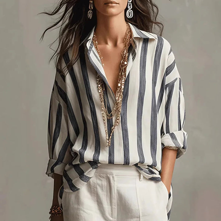 Romilda | Women's Striped Collared Long Sleeve Blouse - Striped - Image 1