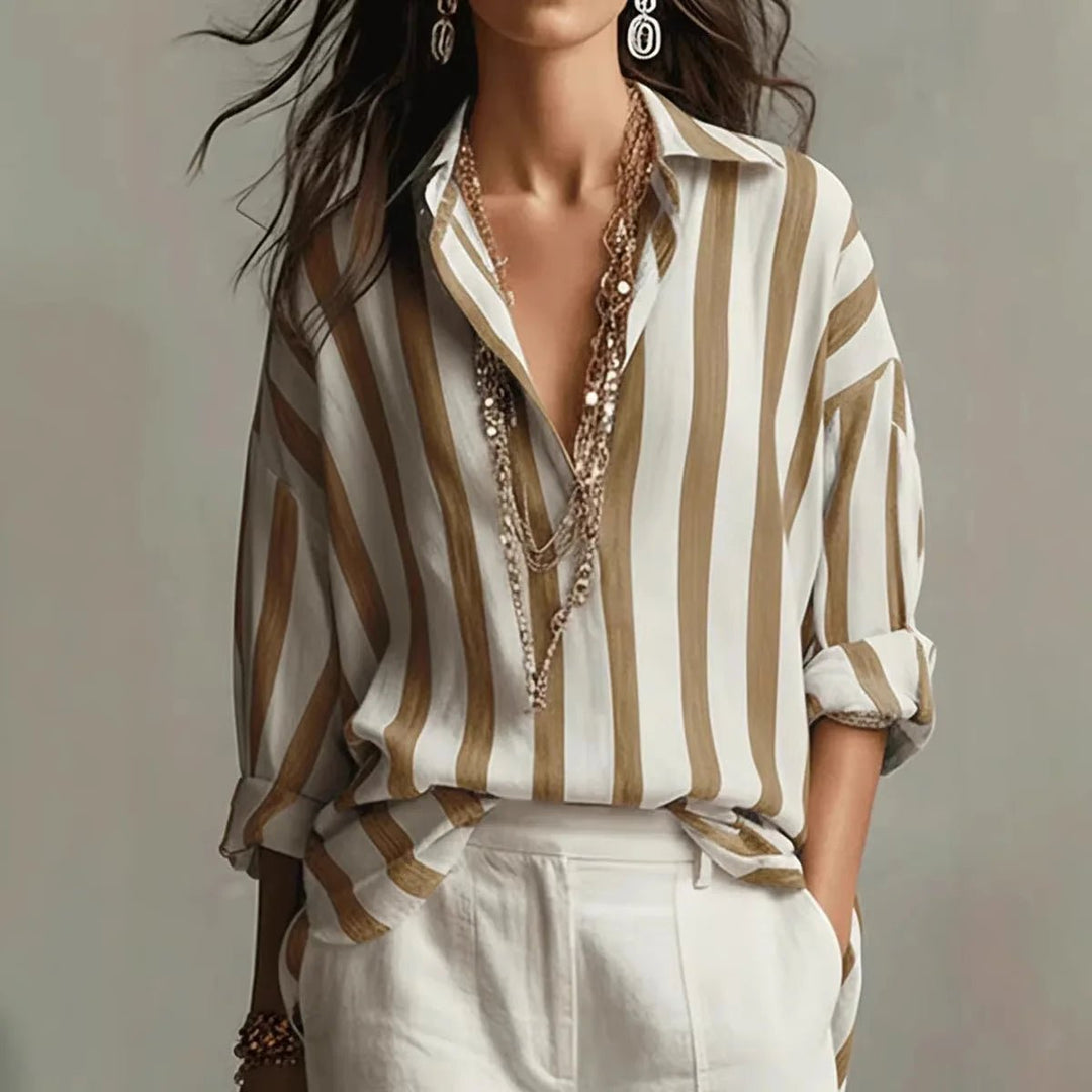 Romilda | Women's Striped Collared Long Sleeve Blouse - Striped - Image 2