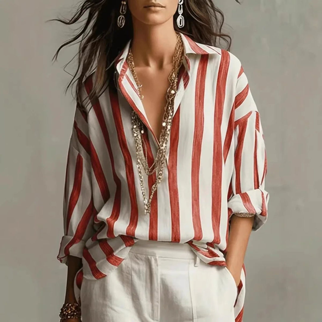 Romilda | Women's Striped Collared Long Sleeve Blouse - Striped - Image 3
