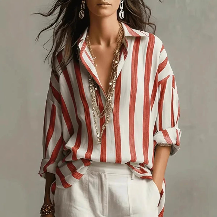 Romilda | Women's Striped Collared Long Sleeve Blouse - Striped - Image 3