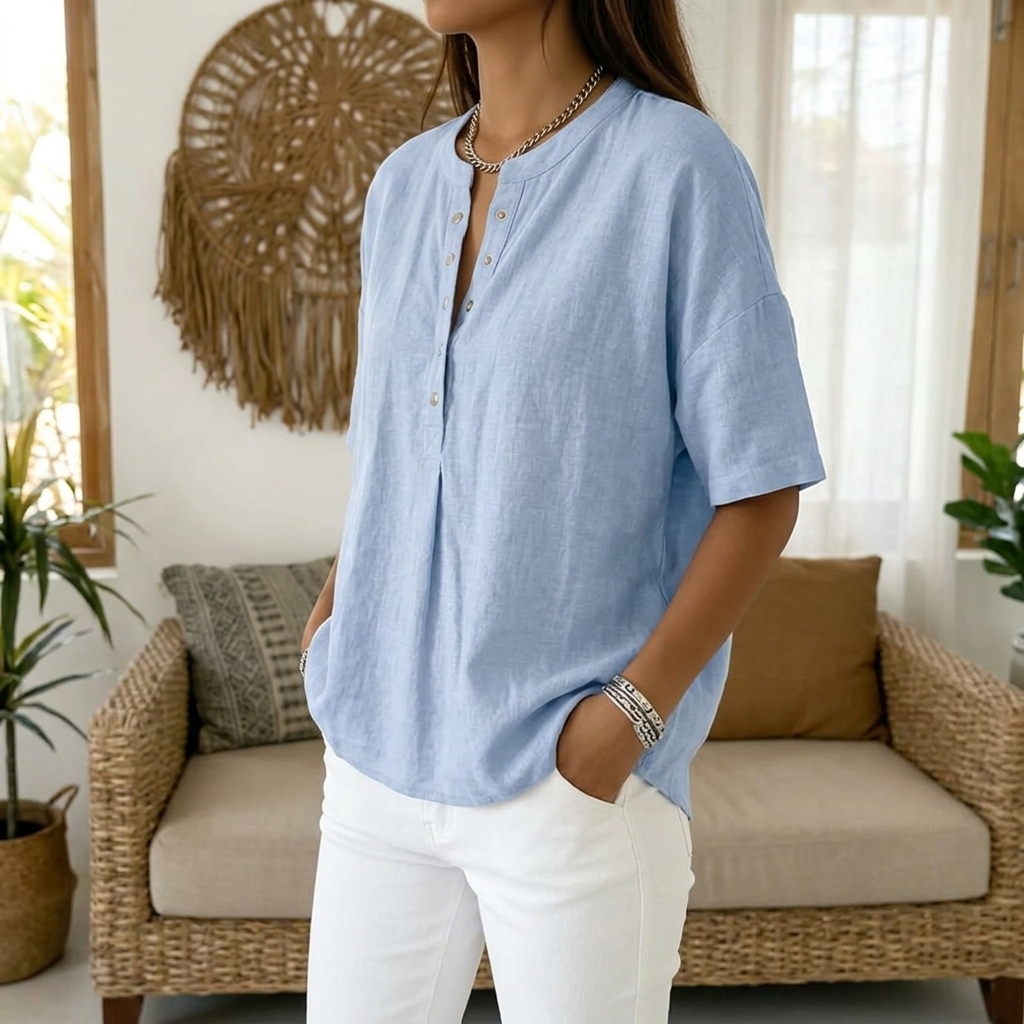 Romilly | Women's Relaxed Fit Henley Blouse - Light Blue - Image 1