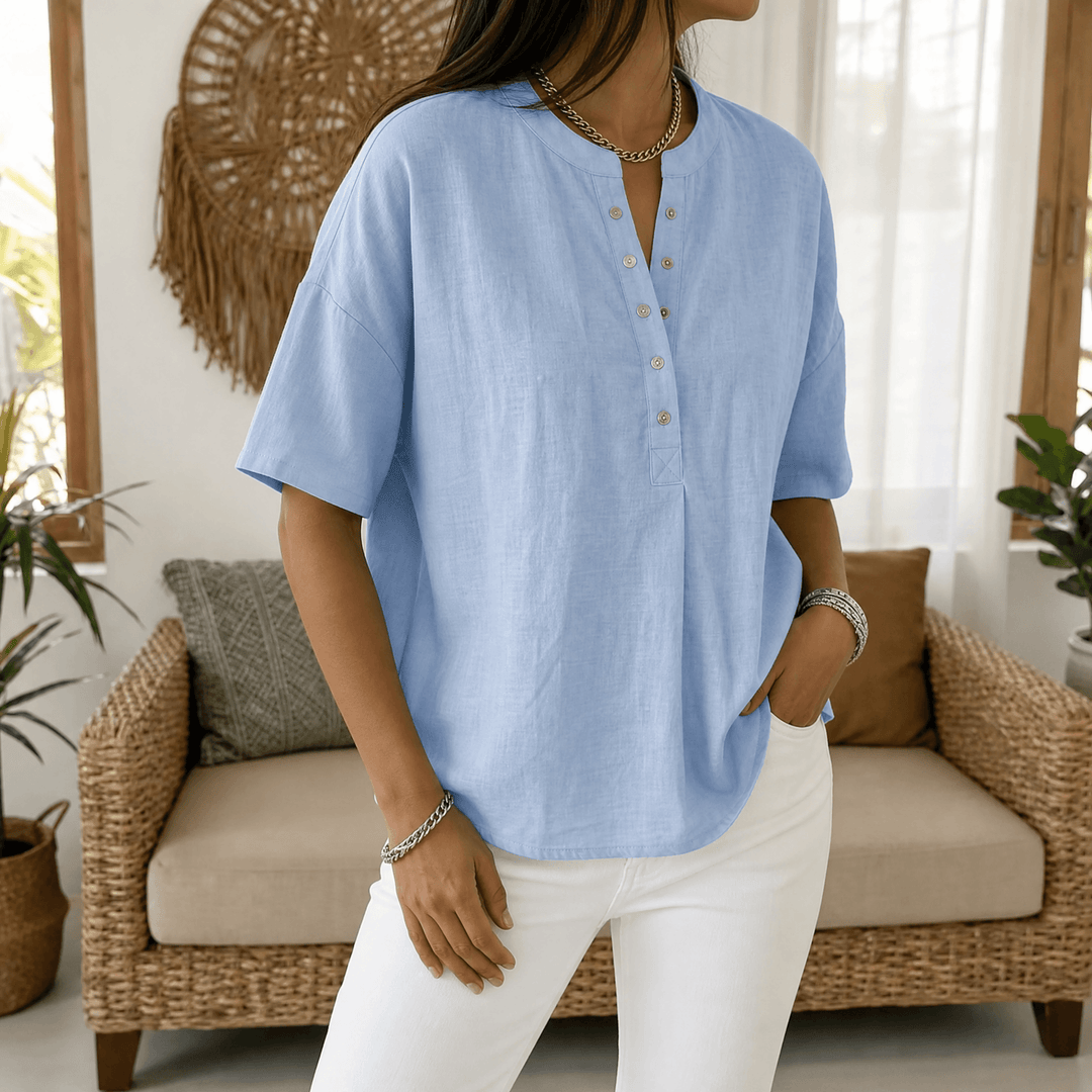 Romilly | Women's Relaxed Fit Henley Blouse - Light Blue - Image 10