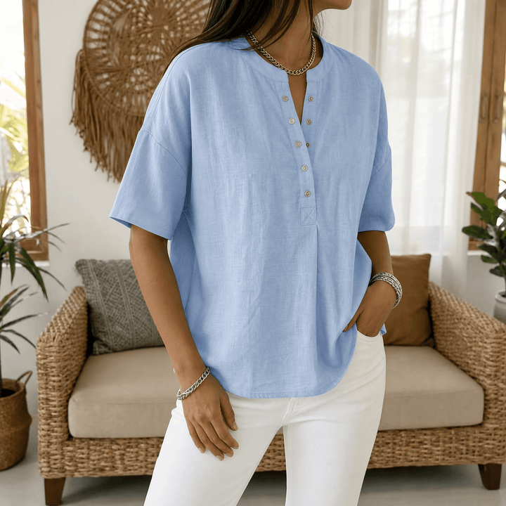 Romilly | Women's Relaxed Fit Henley Blouse - Light Blue - Image 10