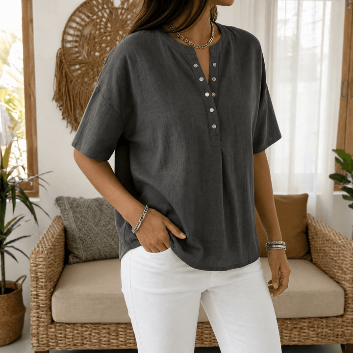 Romilly | Women's Relaxed Fit Henley Blouse - Light Blue - Image 14