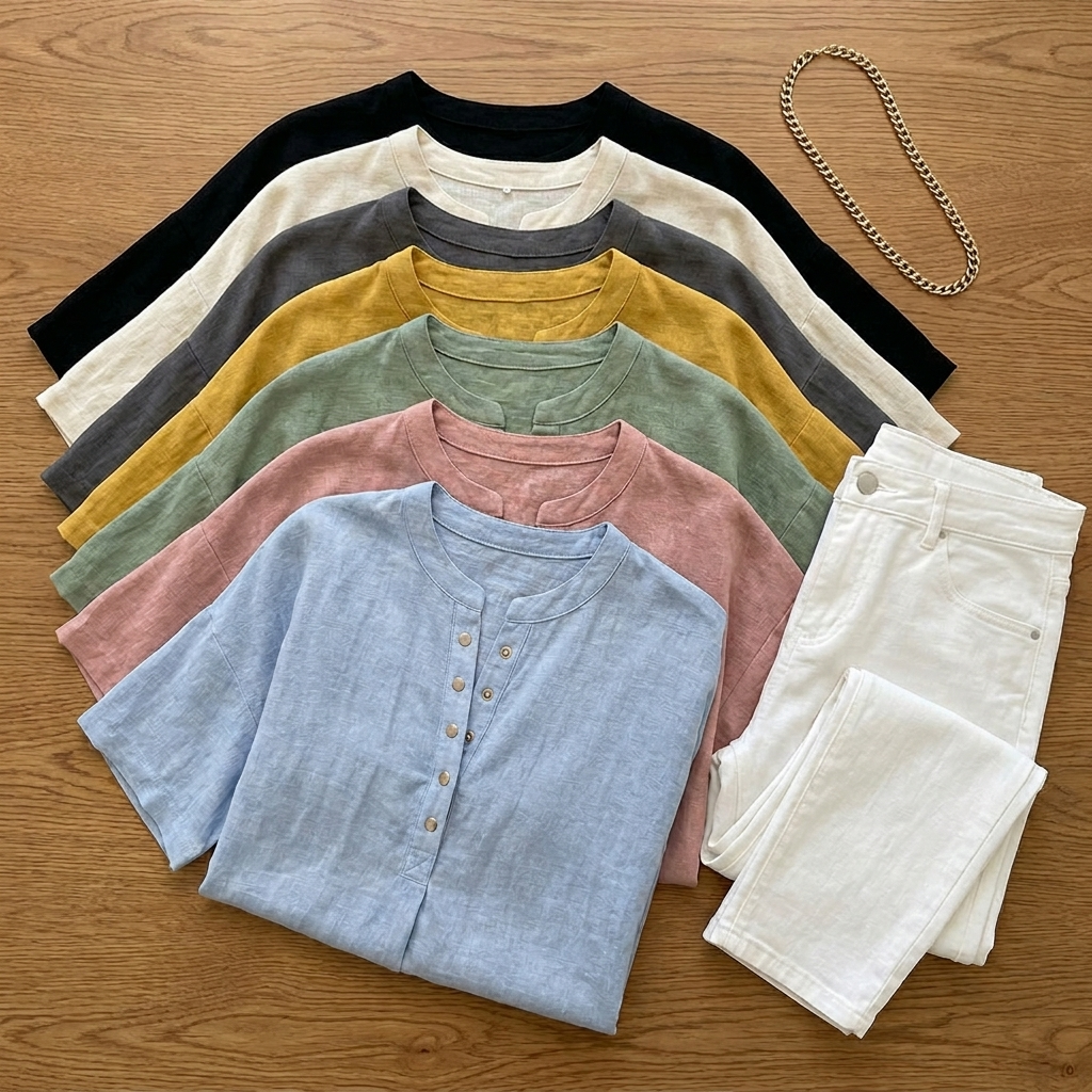 Romilly | Women's Relaxed Fit Henley Blouse - Light Blue - Image 5