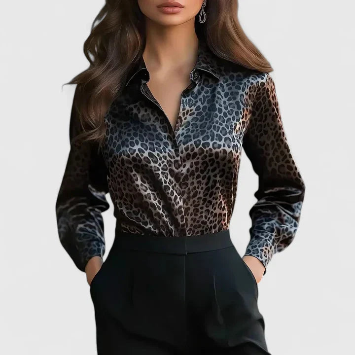 Rosabel | Women's Leopard Print Long Sleeve Shirt - Brown - Image 1