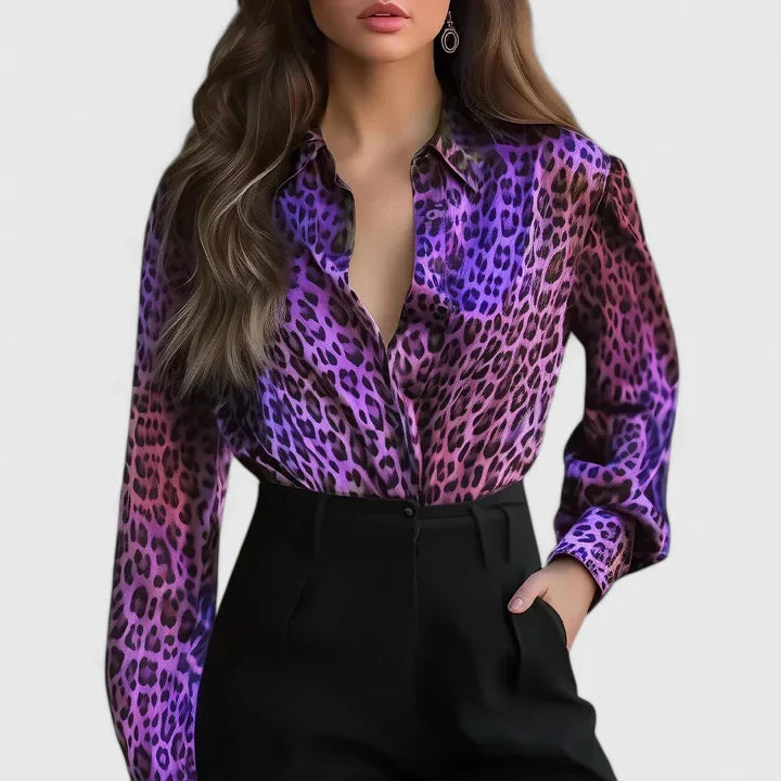 Rosabel | Women's Leopard Print Long Sleeve Shirt - Brown - Image 4