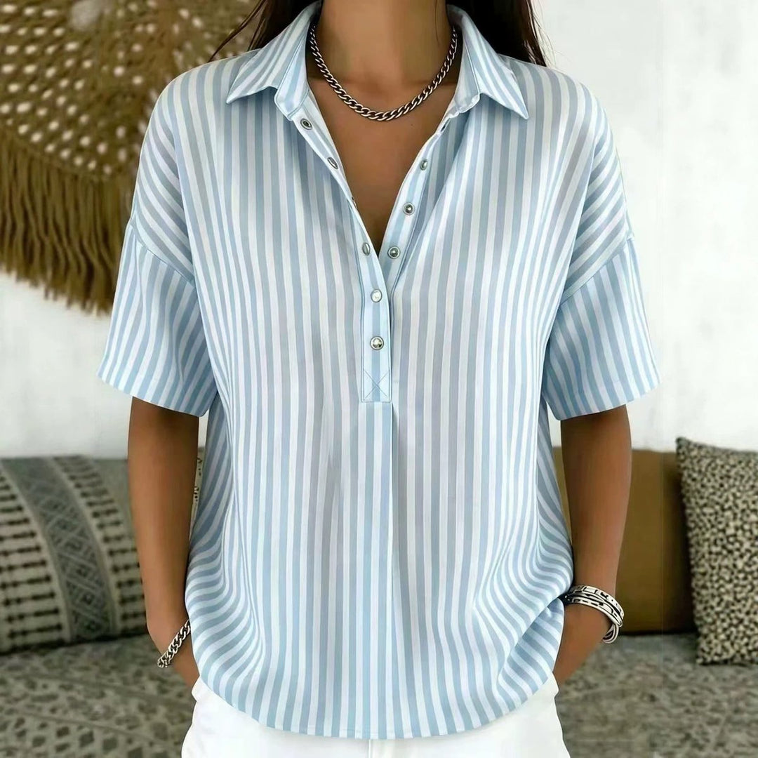 Rosalie | Women's Striped Collared Short Sleeve Blouse - Striped - Image 7
