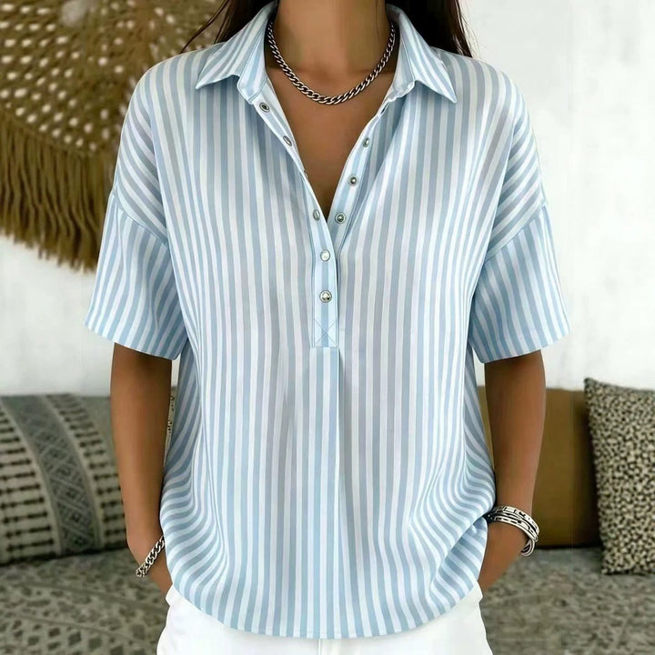 Rosalie | Women's Striped Collared Short Sleeve Blouse - Striped - Image 7