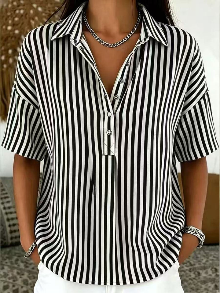 Rosalie | Women's Striped Collared Short Sleeve Blouse - Striped - Image 9