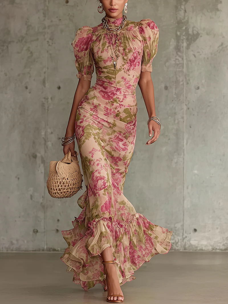 Rosalyn | Women's Floral Mock Neck Puff Sleeve Maxi Dress - Floral - Image 1