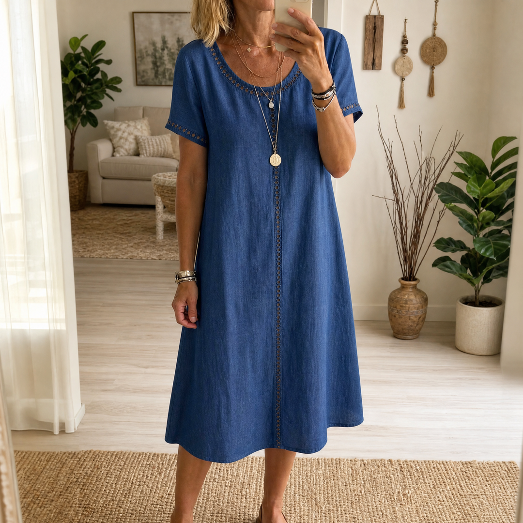 Rosamund | Women's Denim Midi Dress with Eyelet Trim - Blue - Image 1