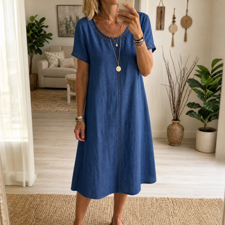 Rosamund | Women's Denim Midi Dress with Eyelet Trim - Blue - Image 1