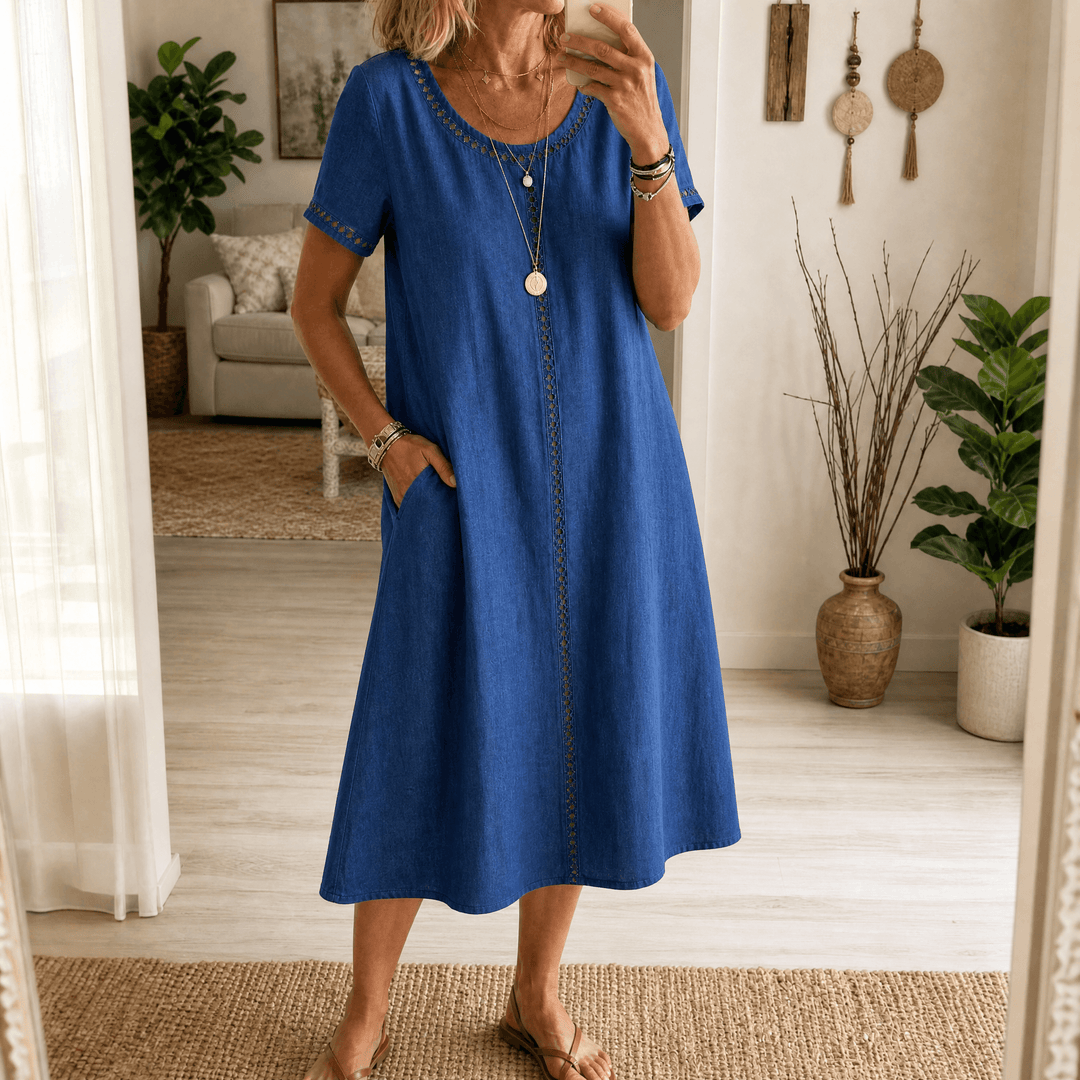 Rosamund | Women's Denim Midi Dress with Eyelet Trim - Blue - Image 12