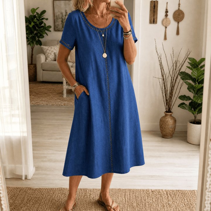 Rosamund | Women's Denim Midi Dress with Eyelet Trim - Blue - Image 12