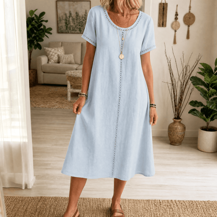 Rosamund | Women's Denim Midi Dress with Eyelet Trim - Blue - Image 13