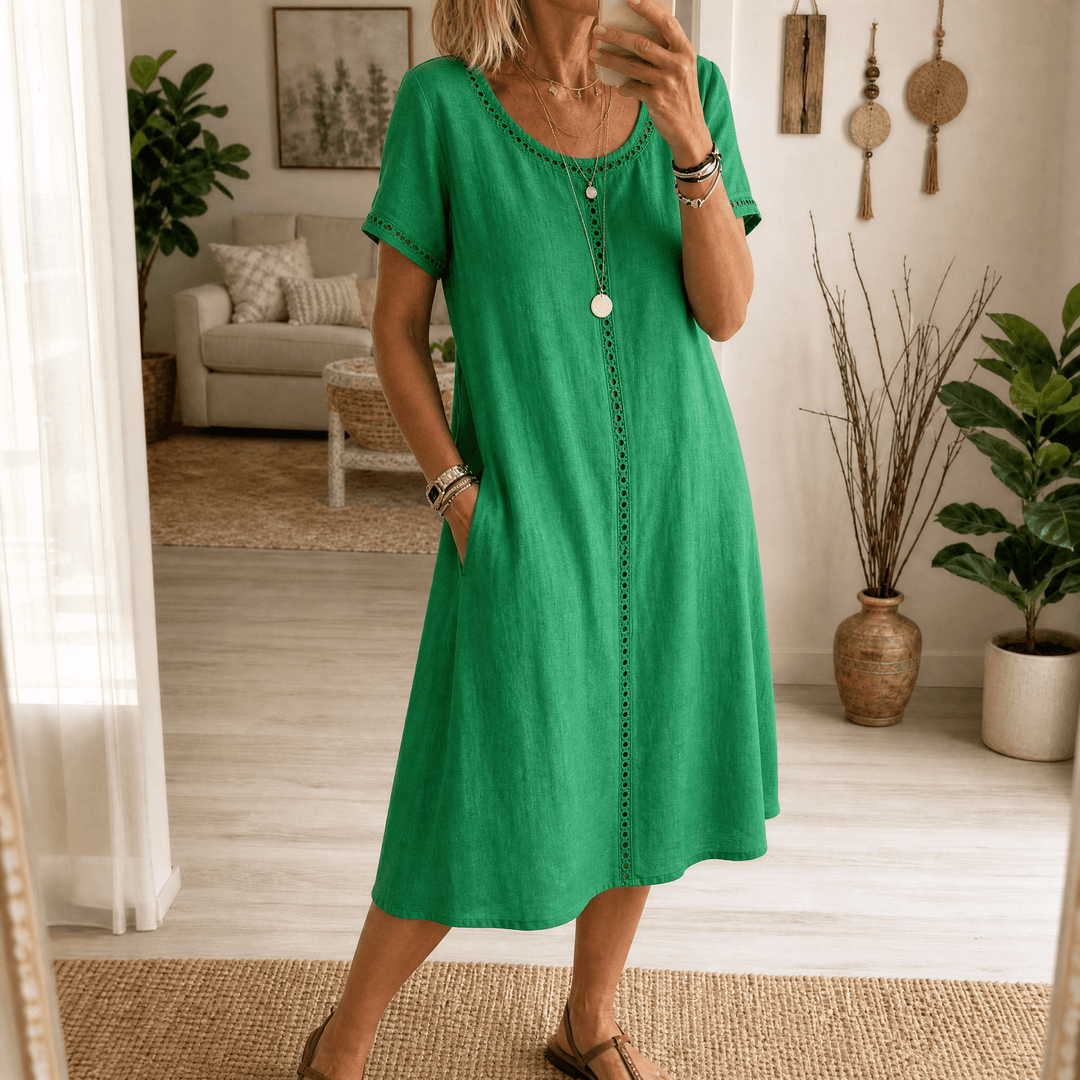 Rosamund | Women's Denim Midi Dress with Eyelet Trim - Blue - Image 14