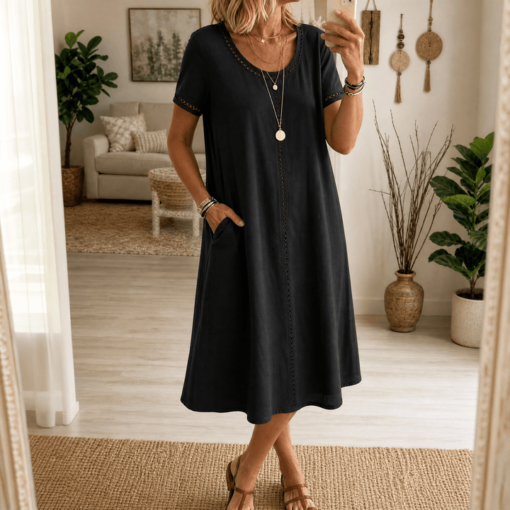 Rosamund | Women's Denim Midi Dress with Eyelet Trim - Blue - Image 15