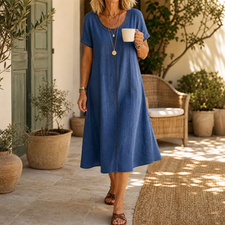 Rosamund | Women's Denim Midi Dress with Eyelet Trim - Blue - Image 2