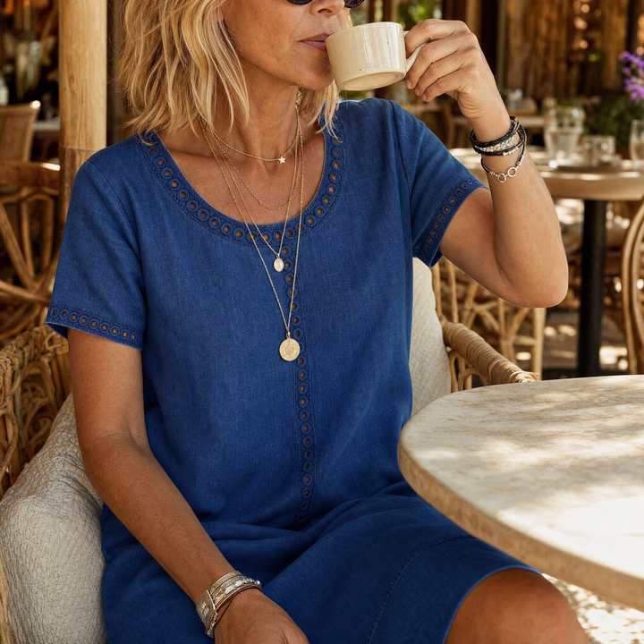 Rosamund | Women's Denim Midi Dress with Eyelet Trim - Blue - Image 3