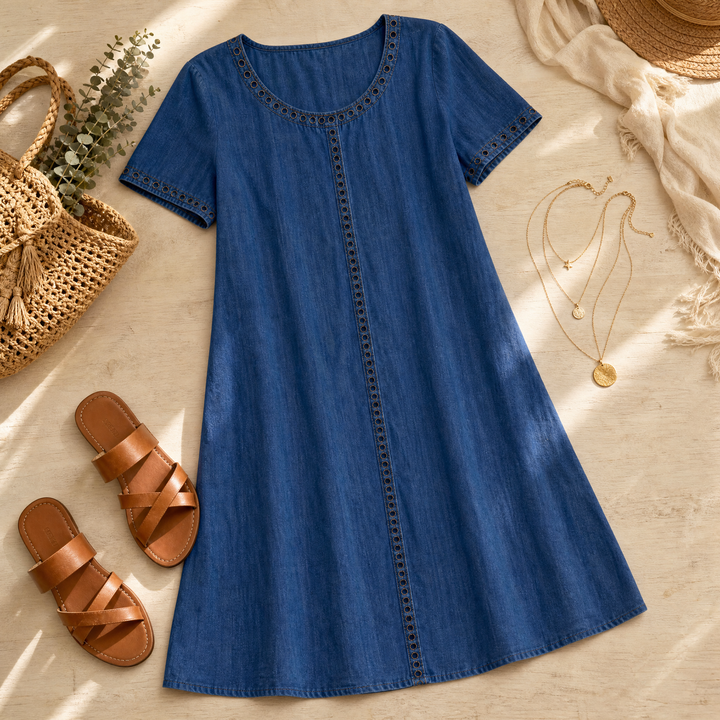 Rosamund | Women's Denim Midi Dress with Eyelet Trim - Blue - Image 5