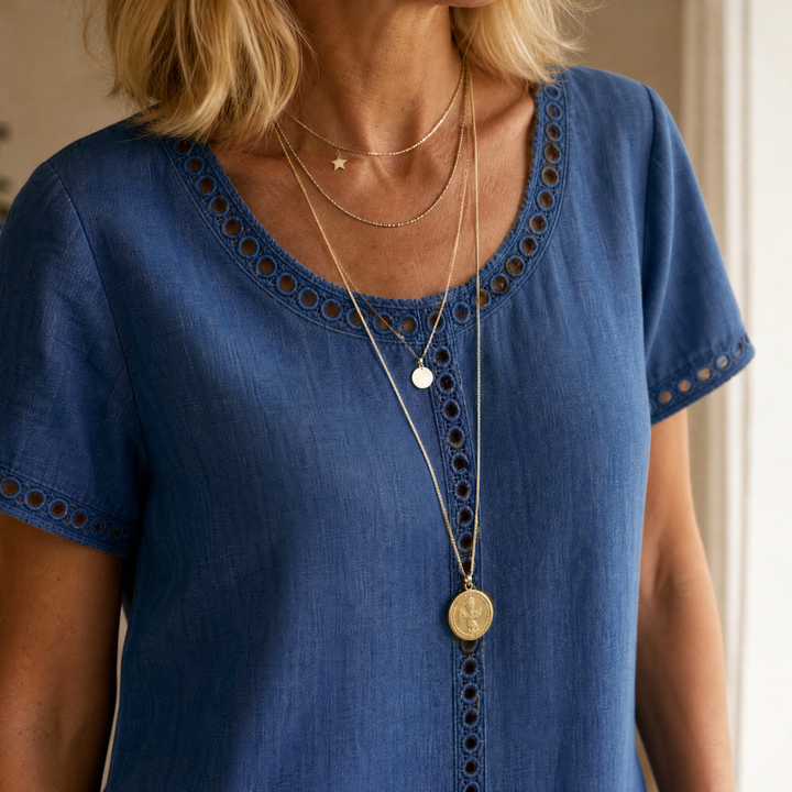 Rosamund | Women's Denim Midi Dress with Eyelet Trim - Blue - Image 6