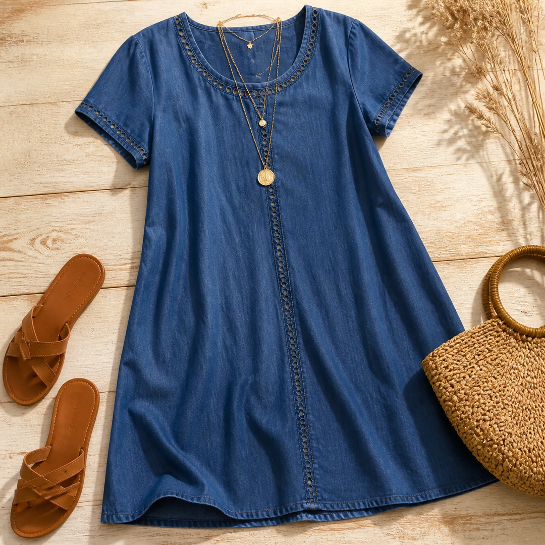 Rosamund | Women's Denim Midi Dress with Eyelet Trim - Blue - Image 7