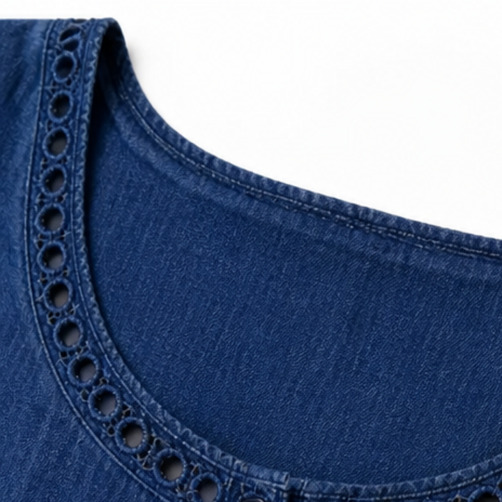Rosamund | Women's Denim Midi Dress with Eyelet Trim - Blue - Image 8