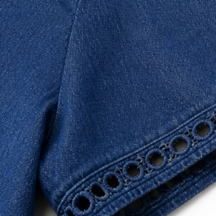 Rosamund | Women's Denim Midi Dress with Eyelet Trim - Blue - Image 9