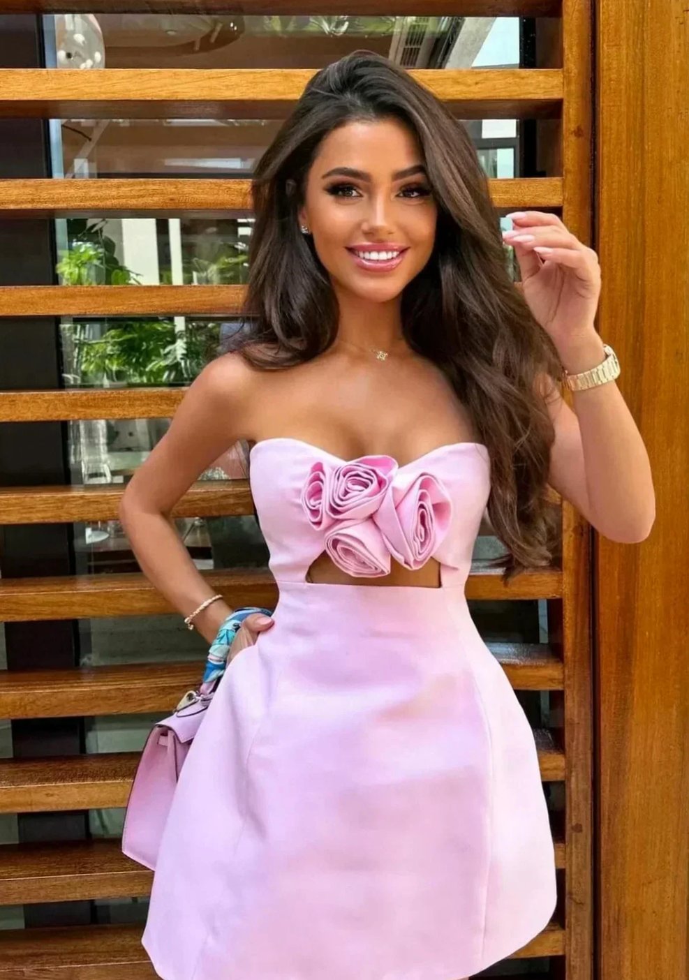 Rosamund | Women's Strapless 3D Rose Mini Dress - Light Pink - Image 1