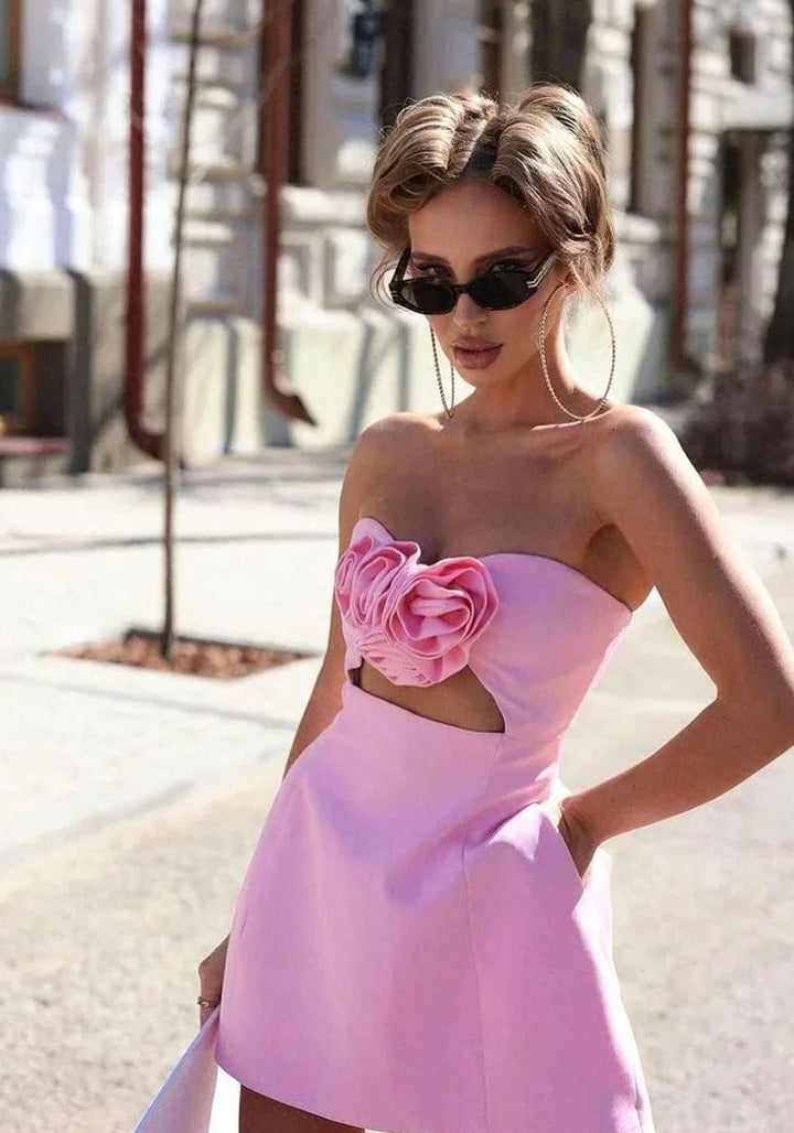 Rosamund | Women's Strapless 3D Rose Mini Dress - Light Pink - Image 3