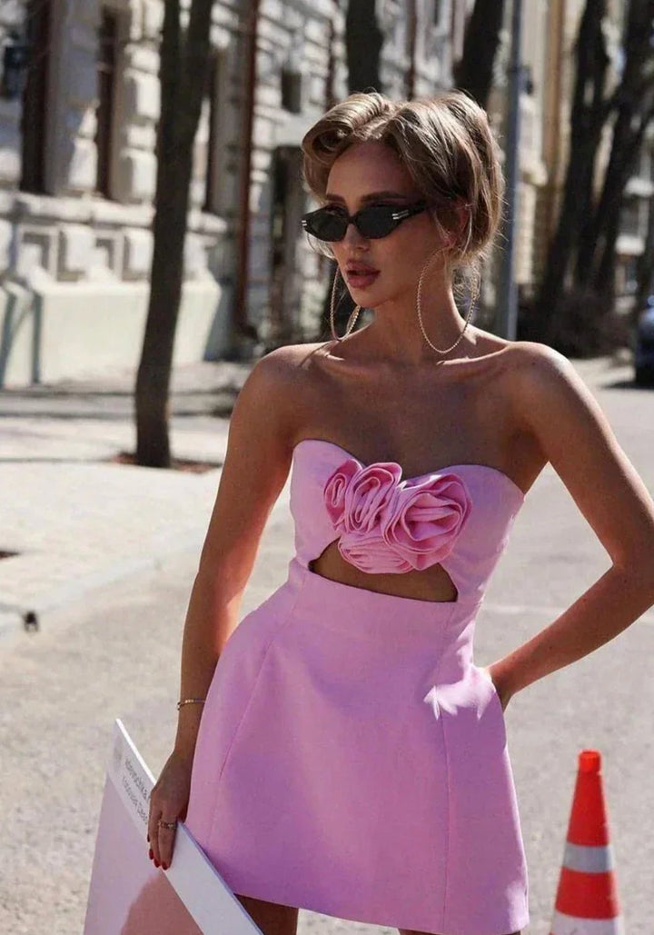 Rosamund | Women's Strapless 3D Rose Mini Dress - Light Pink - Image 4