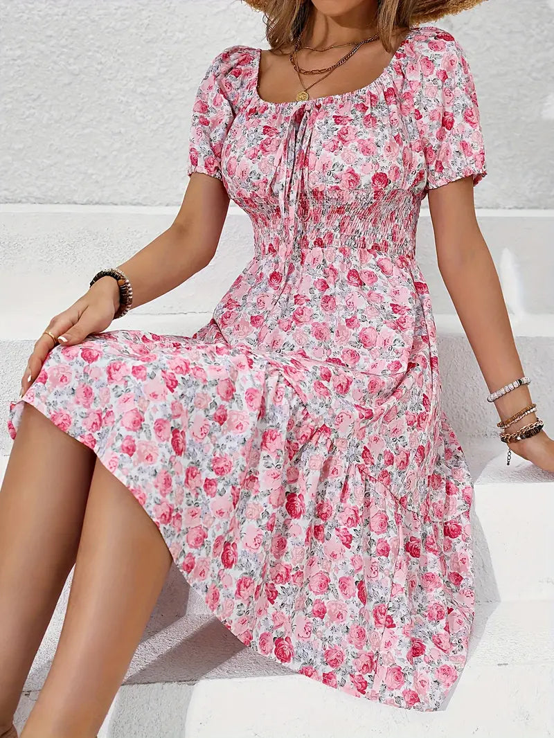 Rosavel | Women's Floral Midi Dress Square Neck - Pink - Image 1