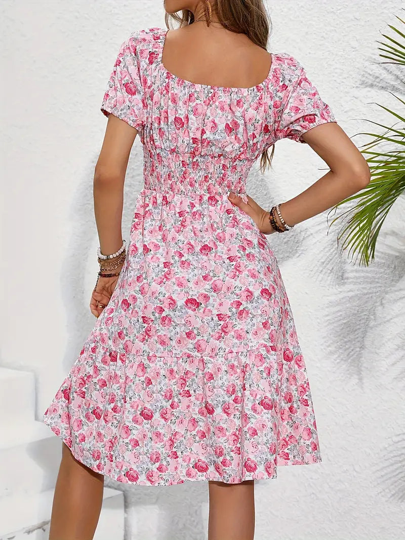 Rosavel | Women's Floral Midi Dress Square Neck - Pink - Image 2