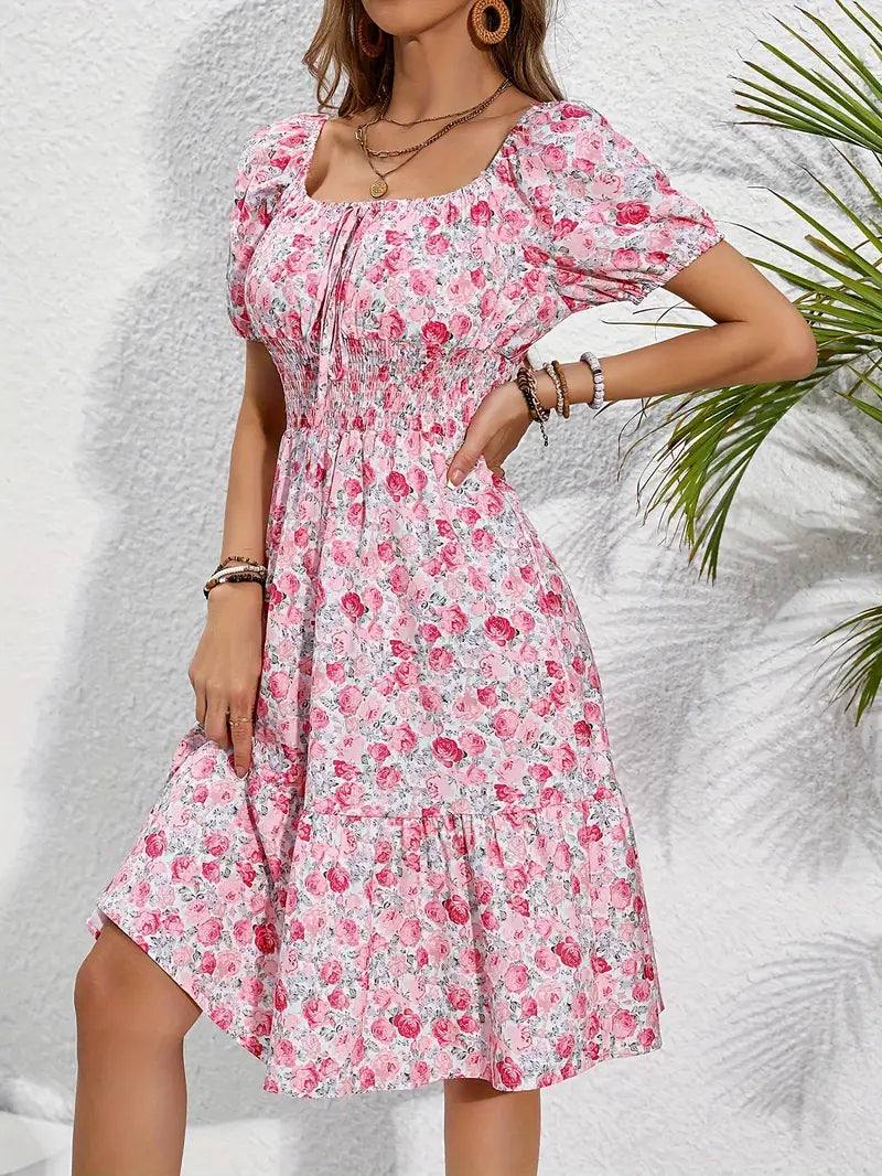 Rosavel | Women's Floral Midi Dress Square Neck - Pink - Image 3