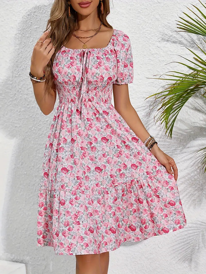 Rosavel | Women's Floral Midi Dress Square Neck - Pink - Image 6