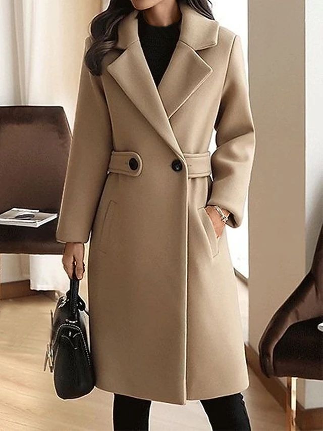 Rosemary | Women's Double Breasted Belted Long Coat - Beige - Image 1